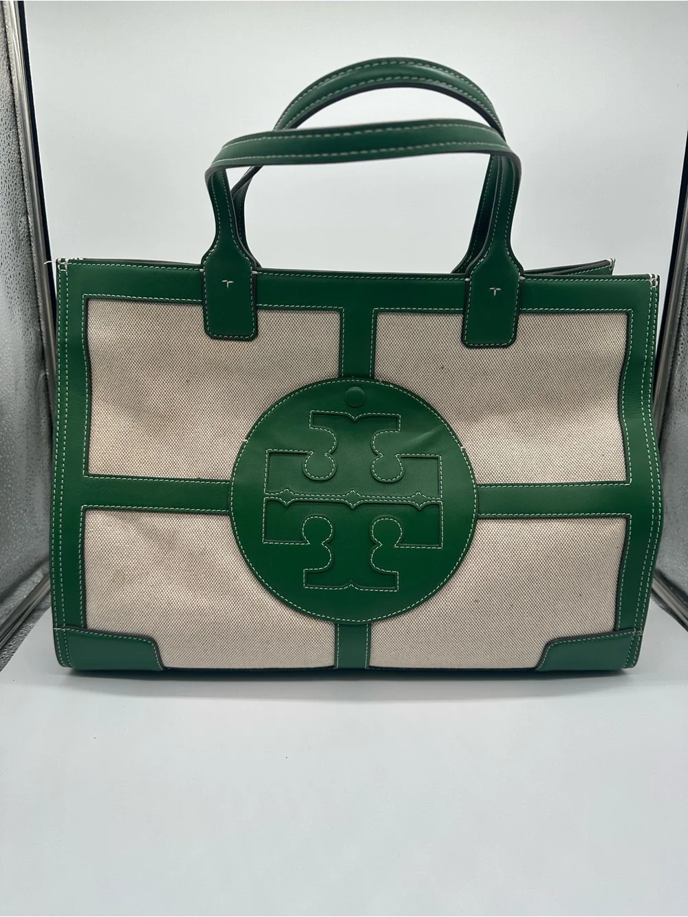 Tory Burch Green Trim Canvas Tote Bag